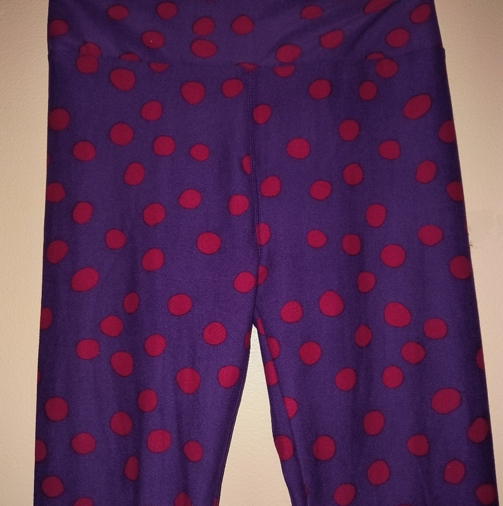 LuLaRoe Purple Leggings with Red Polka Dots